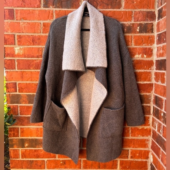 Zara Medium Oversized Gray Wool Blend Cascading Long Cardigan Chunky Sweater - Picture 1 of 9